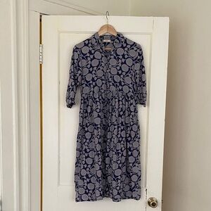 Soft cotton Block printed Navy and Gray Patterned Midi Shirt Dress